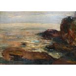 Indistinctly signed, possibly dated 1931 verso, impressionist, Rocky coastal scene oil on card, in