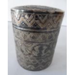 Antique white metal lidded jar, possibly Indian silver, marks to base, 114 grams 9 cm high