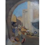1935 cubist school oil on canvas painting - North African street scene, signed "Mervyn '35",