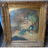 Large 1845 watercolour still-life in stunning wide original ornate gesso frame, signed HUNT, The w/c