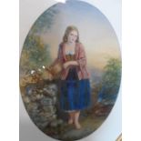 Unsigned, mid 19thC oval watercolour "The water girl", framed, The w/c measures 40 x 30 cm