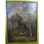 Mid 19thC Norwich school oil on card, "Figure on wooded track", unsigned, framed The oil measures 14