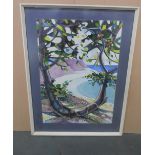 Geoff Biggs 1977, Art Nouveau style watercolour "Beach scene", signed and dated, framed, The w/c