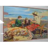 R G, late 20thC oil on board, "19thC fisherman and street urchins", initialled, framed and glazed,