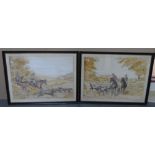 Pair of 1970s watercolours depicting fox hunting scenes in matching frames, both signed P Walsh,