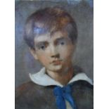 Indistinctly signed oil on wood panel, portrait of a young boy, circa 1900, framed, The portrait