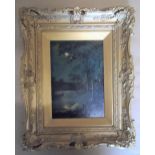 Late 19thC Barbizon school style oil on board, "Moonlit river scene", initialled A.B. and in