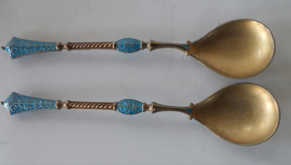 Stunning set of 12 Norway gilded & enamelled silver spoons, imported & stamped to Birmingham 1900 in - Image 2 of 11