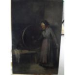 Indistinctly signed, Dutch 19thC interior scene oil on wood panel with lady spinning wool,