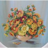 M F Wilson 1955 circular oil on board, "Vase of flowers" in original frame, The oil measures