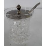 Silver lidded cut-glass crystal jam pot, Birmingham 1957