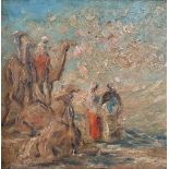 Youssef KAMEL (Egypt 1890-1971) impressionist oil on board, depicting a camel train, framed, signed,