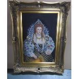 Indistinctly monogrammed, modern oil on board, portrait of Queen Elizabeth 1st in superb gilt frame,