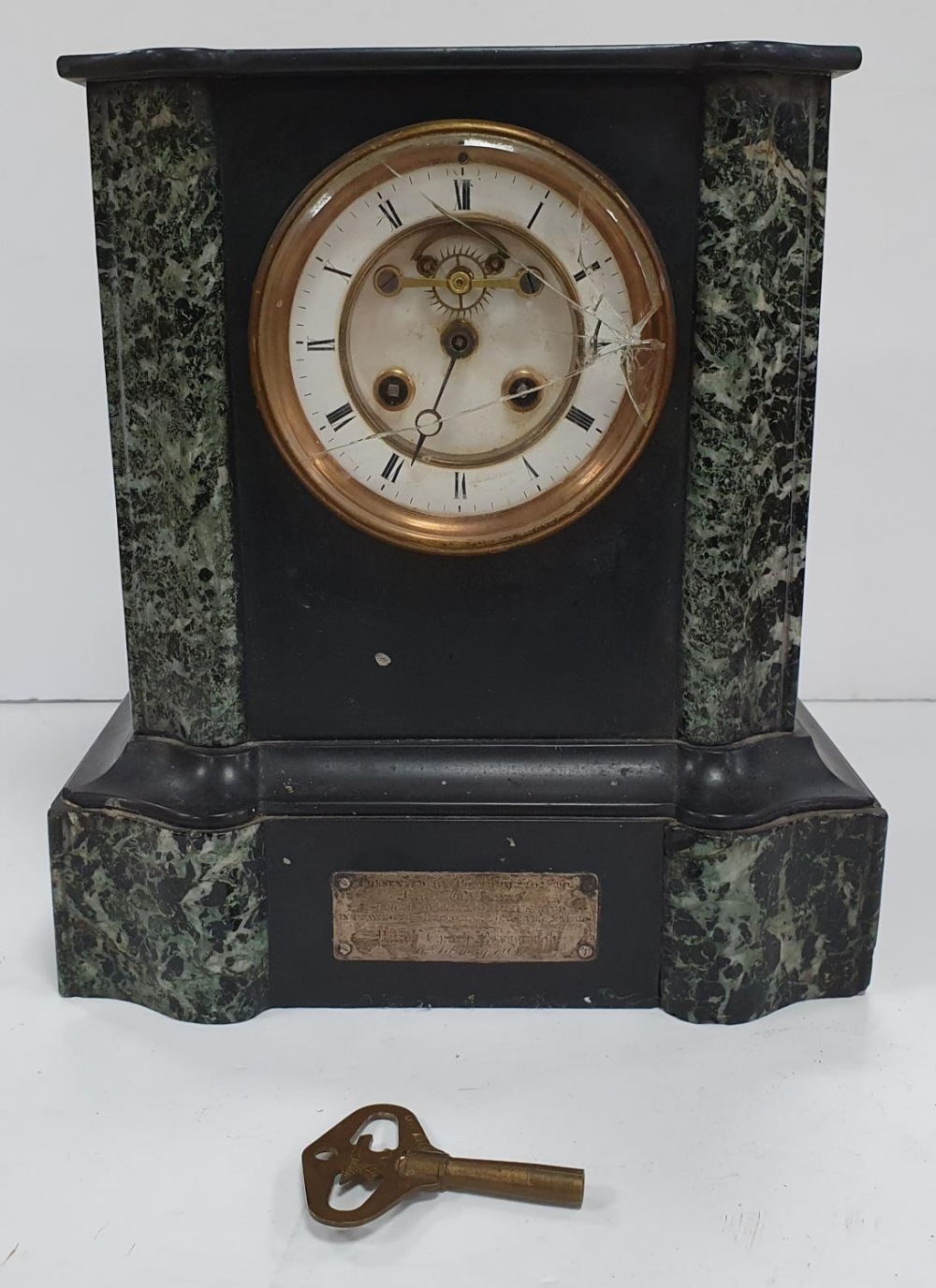 Victorian slate and marble mantle clock with key, Glass face broken