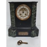 Victorian slate and marble mantle clock with key, Glass face broken