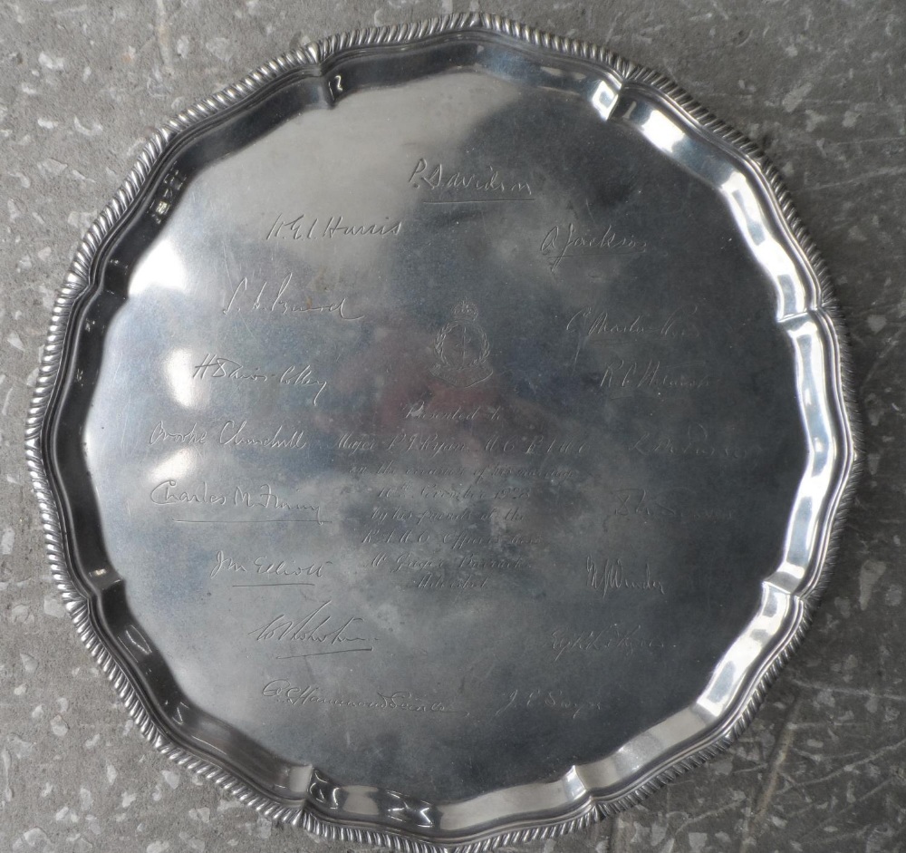 Silver serving tray, Sheffield 1927, presented to Major P.J Ryan in Nov 1928 in celebration of his