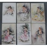 Six Antonio Cano (Born 1967, Alcoy, Spain) watercolour portraits of young ladies, in the manner of