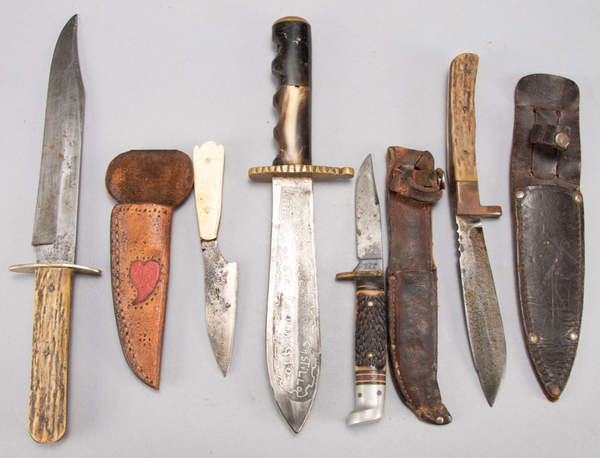 Group of five vintage Side Knives, to include left to right: (1) A buck horn handled Side Knife mark
