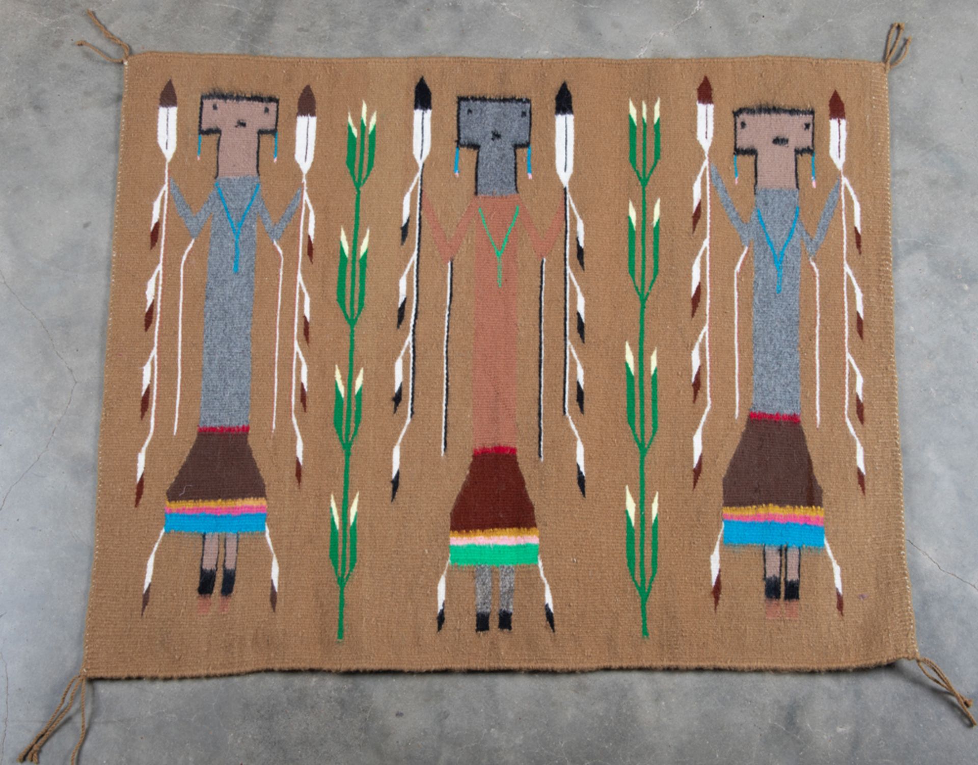 Beautiful Navajo YEI Rug with corn stalks on gold back ground, circa 1950, measures 2 ft. x 3 ft., t