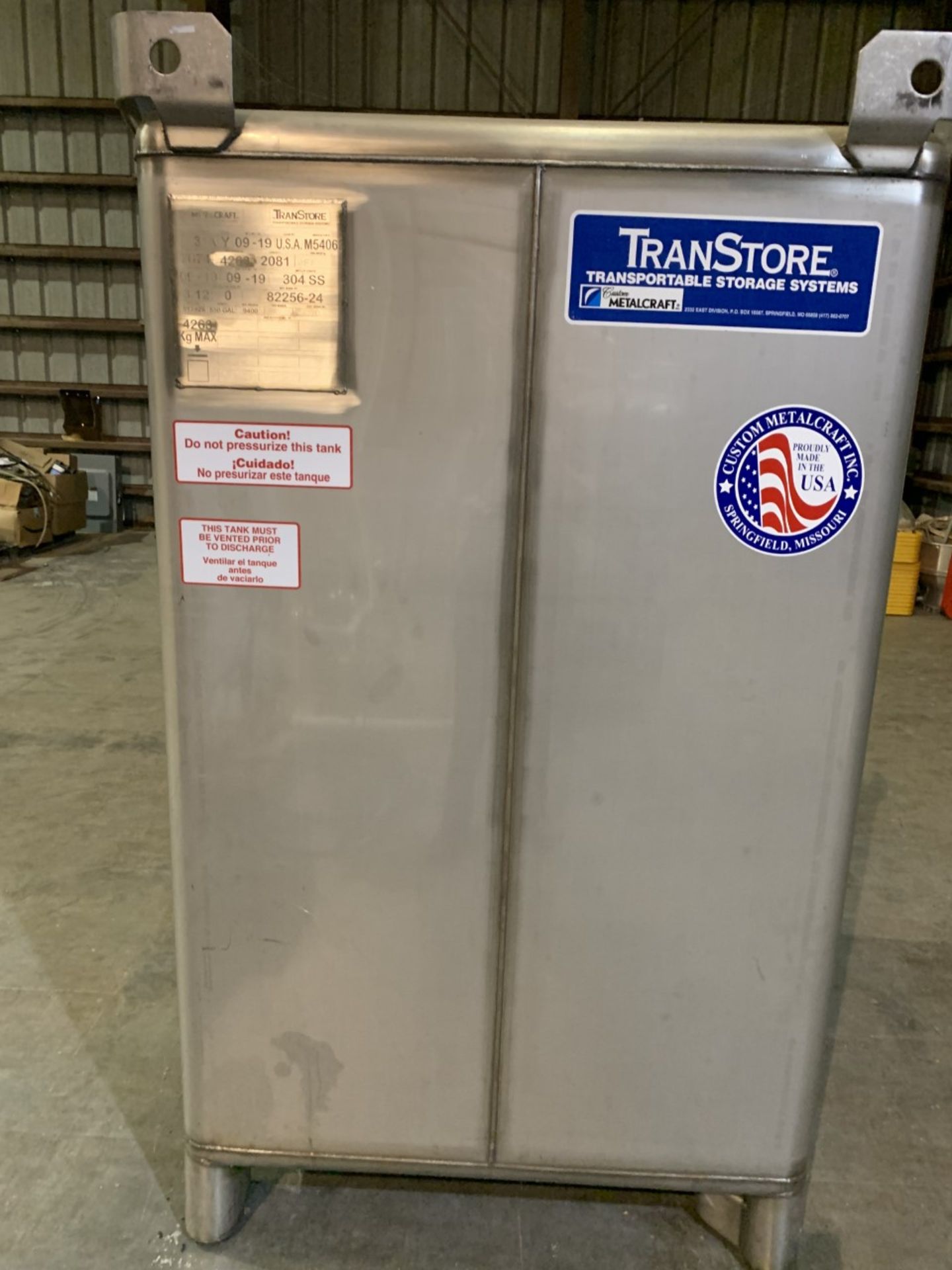 Lot of (3) Used MetalCraft TranStore Tote Bins/Solvent Storage Tanks. 550 Gallons. Type 81A Group Y