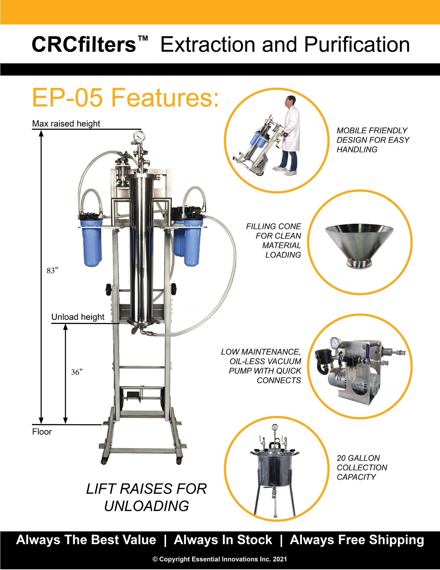 Used-CRCfilters Ethanol Extraction/Purification System. Model EP-05 w/ 20 Gal Collection Vessel - Image 6 of 6