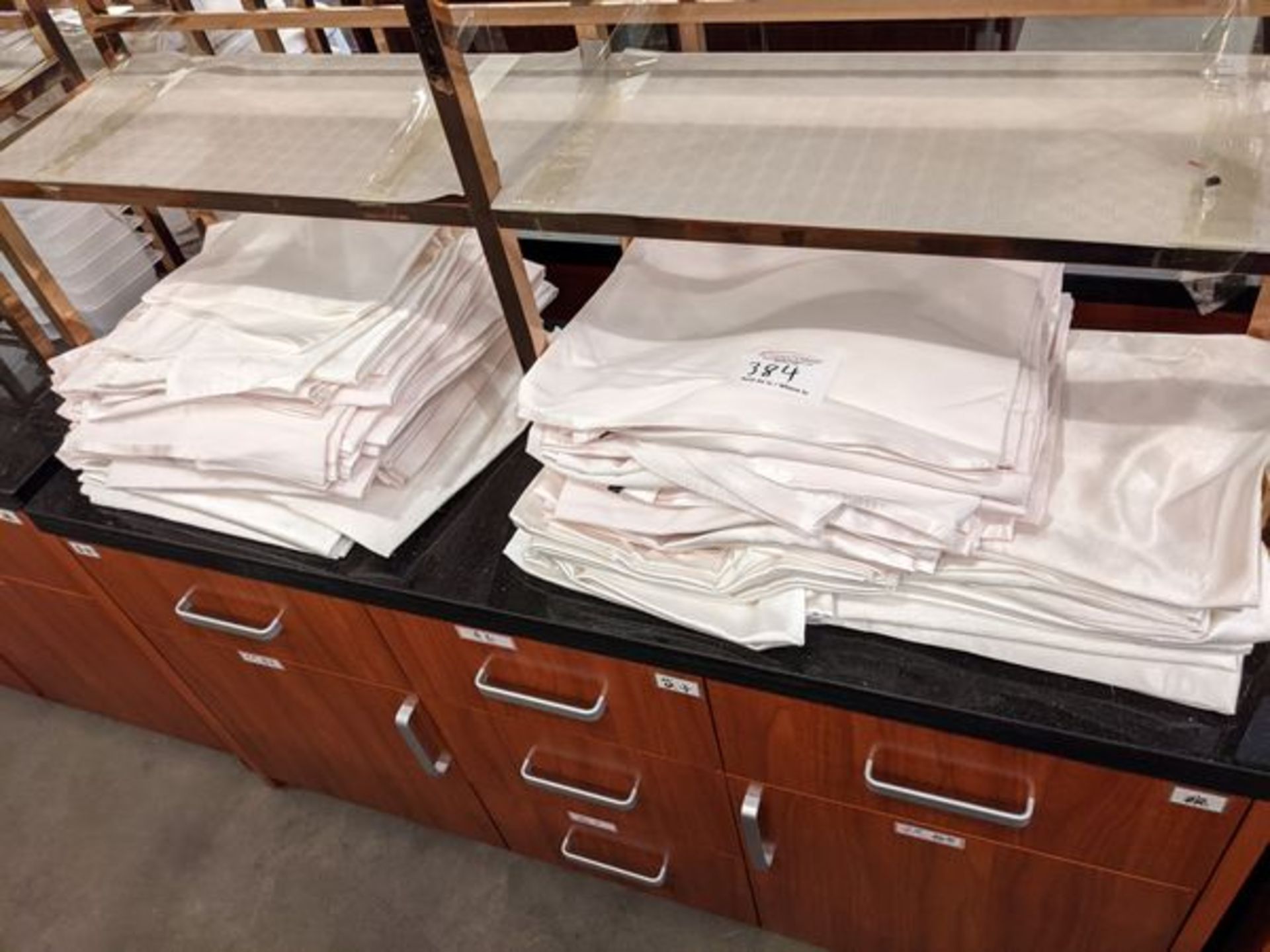 Approx Fifty 48 x 48" Unused White and Salmon Colored Table Cloths
