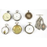 Six hallmarked silver pocket watches and cases to include one with an enamelled dial by S Goldstone,