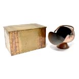 An Arts & Crafts hammered brass log box and a copper coal bucket in the form of a helmet (2).