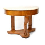A pine demi-lune hall table with marble top on serpentine base with cabriole support,