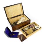 A Victorian walnut Tunbridge ware jewellery box containing a quantity of costume jewellery and some