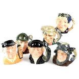 A group of six Royal Doulton character jugs, D6617 'Lobster Man', D6631 'The Sleuth',