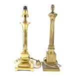 Two non-matching brass-effect Classical column table lamps, each to square stepped base,