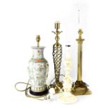 Four table lamps to include a brass Classical column example, to square stepped base, height 52cm,