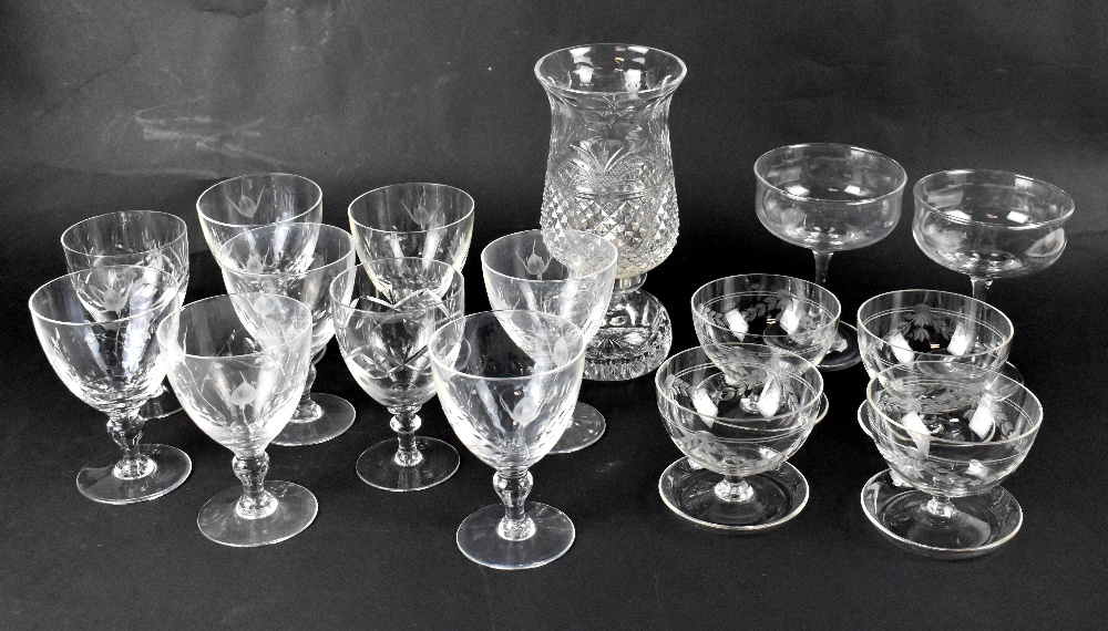 A set of five crystal Champagne bowls, four cut glass sundae dishes,