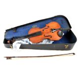 A cased violin, length 58cm, paper label to interior with indistinct lettering,