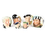 A group of six Royal Doulton character jugs, D6531 'Gone Away', D6498 'The Lawyer', D6570 'Gaoler',