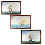 UNATTRIBUTED; acrylic on canvas, tall-masted ships on a choppy sea, indistinctly signed,