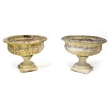 A pair of reconstituted stone planters of circular form, on pedestal bases, height 50cm,