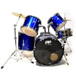 A full-size drum kit in metallic blue by Performance Percussion Drums, comprising a bass drum,