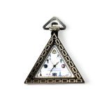 A white metal triangular quartz Masonic pocket watch, 54mm.