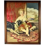 A tapestry depicting a young boy seated with a dog and puppies,