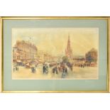 C J LAUDER; a large watercolour of an Edinburgh street scene, horses,