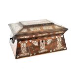 A Victorian rosewood and mother of pearl inlaid jewellery box of sarcophagus form,