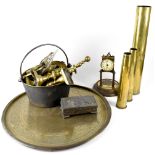 A quantity of brass and copper ware to include candlesticks, jam pan, Benares tray table top,