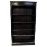 A stained wooden bookcase with plinth top comprising four shelves on a plinth base, 211 x 121.