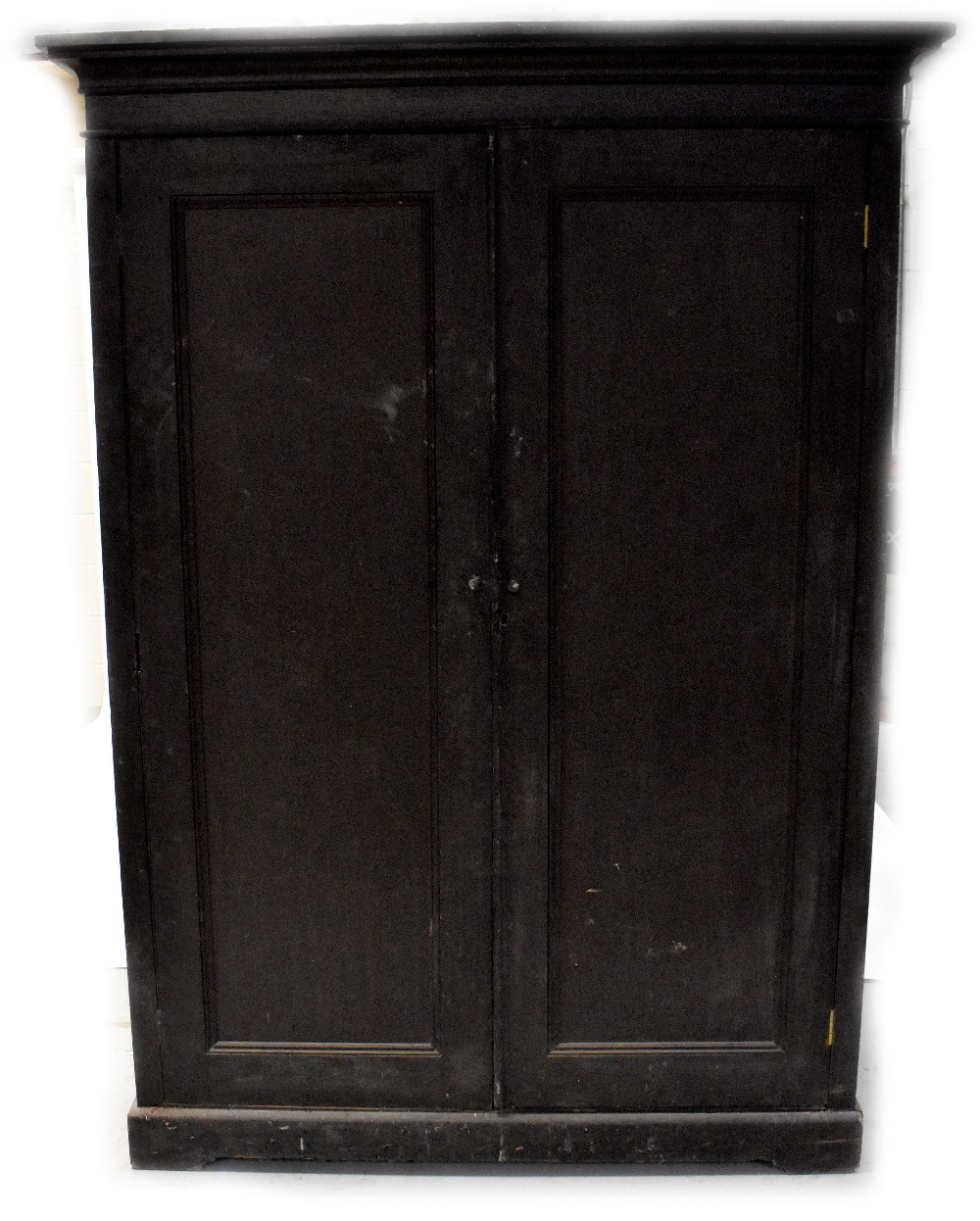 A Victorian painted pine two-door cupboard on plinth base with bracket feet, 187.5 x 135.5 x 75.5cm.