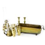 A small quantity of mainly brassware to include a trivet, a pair of candlesticks,