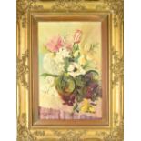 E SPENCER; oil on board, floral compostition, signed lower left and dated 1950, 44 x 32cm, framed.