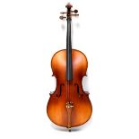 A cased full-size cello with interior label 'Gear 4 Music', two-piece back, length 76cm and a bow,