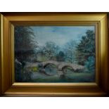 ANNIE E CORKE; watercolour, twin bridge over gently flowing water with parkland in the distance,